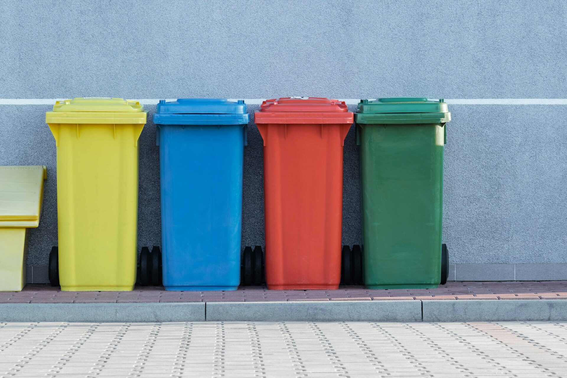Four colour-coded wheelie bins for sorted waste collection — yellow, blue, red, and green